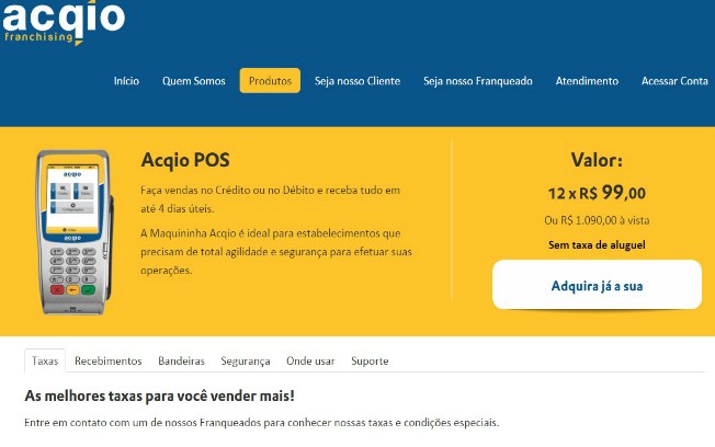A Acqio Franchising, franquia de soluções de pagamentos eletrônicos de cartões de crédito e débito por meio de equipamentos POS (WiFi e GPRS), pede investimento de R$ 5 mil. Foto: Divulgação