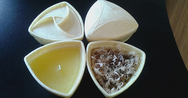 Potes produzidos com fécula de mandioca e outras fibras naturais (cana, bambu e arroz) que podem ser transformados em compostagem ou em ração para animais; as peças são fabricadas pela OKA Bioembalagens que tem a proposta de reduzir o volume de lixo despejado no meio ambiente. (Foto: Divulgação)