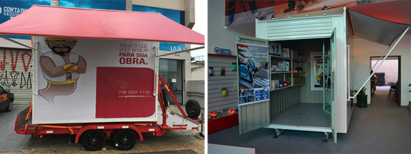 Loja móvel em detalhe: montada num container facilmente transportável num carro, circulará dentro de território do franqueado para captar clientes