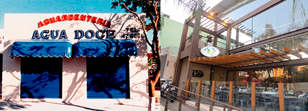 A primeira fachada da Água Doce, na década de 1990, e a recém-inaugurada unidade de Santana, na capital paulista: uma marca que se reinventa há quase 30 anos